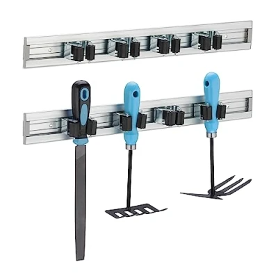 Image of Relaxdays 2X Tool Holder Wall Mount, Broom Rack, 4 Clamps Each, Garden Equipment, 5.5 x 48.5 4.5 cm, Aluminium, Silver