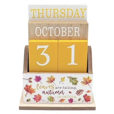 Image of Wooden Calendar Block Perpetual Desk Office Weight Autumn Fall Theme Leaf Nature