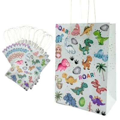 Image of Second Ave 10 Pack of Dinosaur Kraft Paper Children&#039;s Kids Birthday Party Gift Goodie Bags for Sweets Candy with Handles