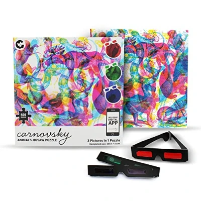 Image of Ginger Fox Carnovsky Animals Jigsaw Puzzle, 500 Piece Puzzle with 3 Images in 1 Design, Puzzles Artwork Print, Glasses and Viewing Lens App, Completed Size 50 x cm