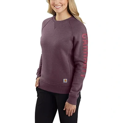 Image of Carhartt Women&#039;s Relaxed Fit Midweight Crew Neck Block Logo Sleeve Graphic Sweatshirt, Blackberry Heather, S