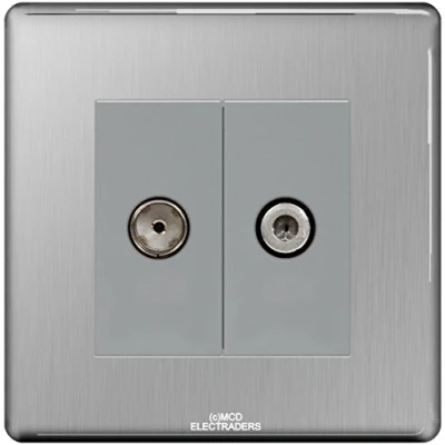 Image of BG Screwless Flatplate FBS65 2 Gang Satellite and Coaxial Socket (Brushed Steel/Grey Insert)