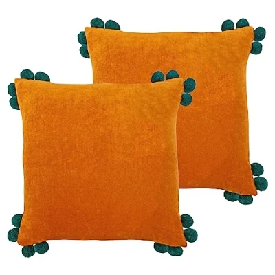 Image of Furn. Hoola Pom Feather Filled Cushion Twin Pack, Orange/Teal, 45 x 45cm