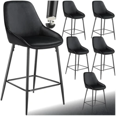 Image of TecTake® Set of 6 Bar Stools with Velvet Look Covers &amp; Plush Padding, Height Adjustable Stool Backrests Slim Steel Legs, Ideal as Kitchen Island Dining Chairs Black