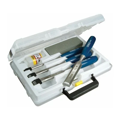 Image of Stanley 0 16 130 5002 Bevel Edge Chisel Set of 4 &amp; Oilstone