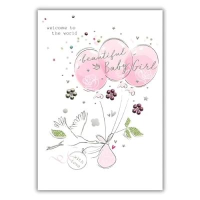 Image of New Baby Girl Congratulations Card Welcome to the World Stork and Balloons Special Finishes Made in UK Eco Friendly