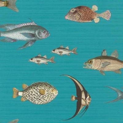 Image of Rasch 553536 Non Woven Wallpaper in Turquoise with Textile Topic and Colourful Fish 10.05 m x 0.53 (L W)
