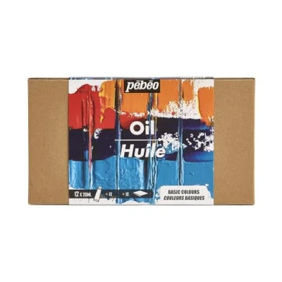 Image of PEBEO Studio Oil XL Set 12 Tubes 20 Ml Basic Colours + Accessories Painting Kit for Artist and Beginner Brushes Spatula Cardboard Intense