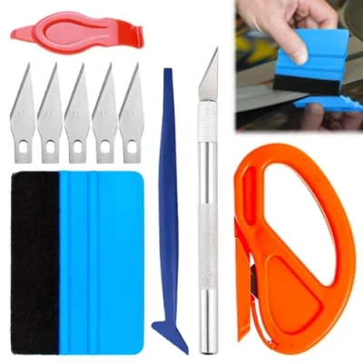 Image of 10 Pcs Vehicle Vinyl Wrap Tools Window Tint Film Kit, Tool Wallpaper Smoothing Kits, Including Felt Squeegee,Edge Trimmer,Soft Corner Squeegee Stickers, for Installing Auto wraps and Car Stickers