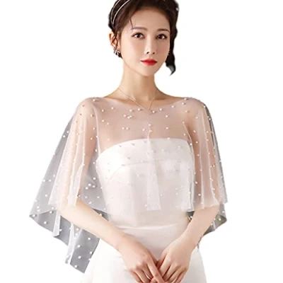 Image of ZIRAN Women Faux Pearl Beading Shawl Wrap Shrug Bridal Cape Wedding Bolero Cover Up Mesh+Imitation
