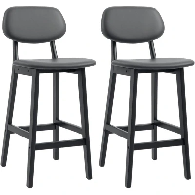 Image of HOMCOM Bar Stools Set of 2, Contemporary Breakfast Chairs, Faux Leather Upholstered Kitchen with Backs and Solid Wood Legs, Dark Grey