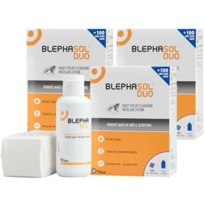Image of 3 x Blephasol Duo 100 ml Micellar Eyelid Cleansing Lotion with Lint Free Pads Effective and Gentle for Make Up Removal, Inflamed Sensitive Eyelids Soap &amp; Alcohol