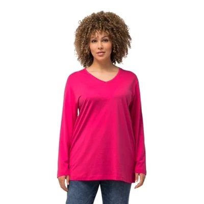 Image of Ulla Popken Women&#039;s Basic V Shirt, Long Sleeves Longsleeve T, Magenta Pink, 24 26