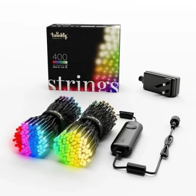Image of Twinkly Strings Christmas Lights with 400 RGB + Pure Warm White LEDs Indoor and Outdoor Fairy Decorations App Controlled Lighting, Black Wire, 32m