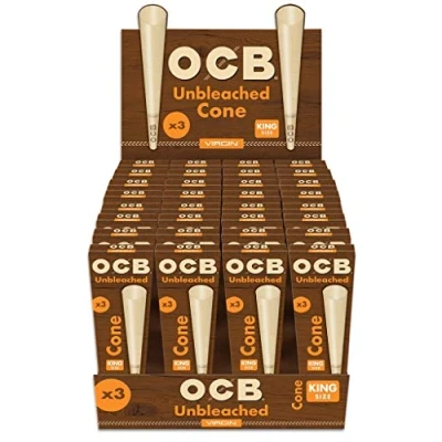 Image of OCB Virgin Unbleached Pre Rolled King Size Cones, 4.29 Inch / 109mm (96 Total Cones) 1 ¼ Ultra Thin Natural Rolling Papers with Tips Slow Burning, 100% Acacia Gum, Paper