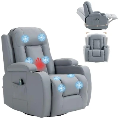 Image of HOMCOM Massage Recliner Chair with 8 Vibration &amp; Heat, PU Leather Armchair Cup Holders and Side Pockets, Manual Reclining Remote, 360 Swivel, Rocking, Light Grey