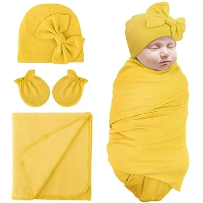 Image of DRESHOW Newborn Receiving Blankets Cotton Warm Sleepsack with Mittens&amp;Bow Hats Hospital Baby Swaddling