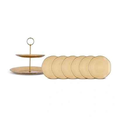 Image of KARACA Dune Glass 7 Piece Dessert Set for 6 People, Cake Stand, Side Plate, Brown