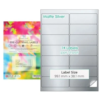 Image of Evergreen Goods™ A4 Precut Multi Sticker Labels Waterproof Matte Silver 2x7 (14 per Sheet): 140 in Total, 10 Sheets Inkjet &amp; Laser Printable Sticky Back Self Adhesive Purpose