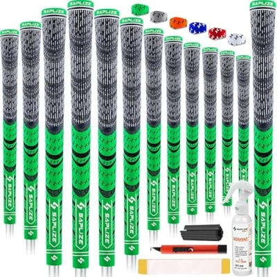 Image of SAPLIZE Golf Grips 13 Piece with Complete Regripping Kit, Standard Size, Cord Rubber, Hybrid Club Grips, Fluorescent Green
