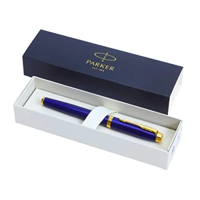 Image of Parker IM Premium Limited Edition Rollerball Pen Lustrous Blue Lacquer with Gold Trim Black Ink Gift Boxed