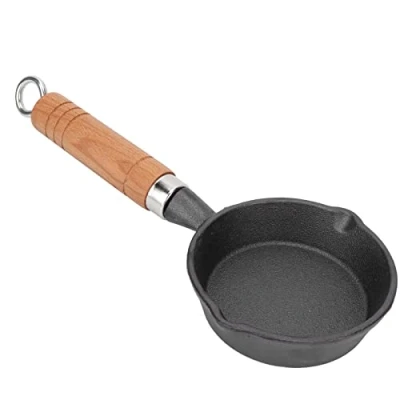 Image of Frying Pan,10CM Casting Iron Pan with Wood Handle Egg Mini Flat Bottomed Pancake Kitchen Utensils