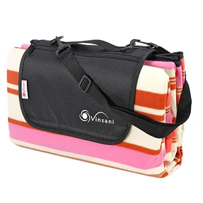 Image of Vinsani 200 x 180cm Folding Picnic Blanket Waterproof &amp; Sandproof Backing Ideal for Camping Outdoor Pink Stripe Rug Mat with Carry Handle