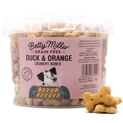 Image of Betty Miller Grain Free Dog Treats Biscuits (1kg, Duck &amp; Orange Bones)