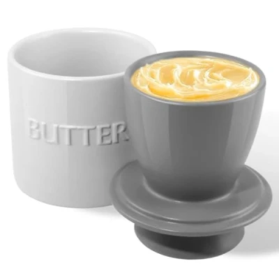 Image of QIAMO Butter Crock with Lid, Ceramic French Dish for Enjoying Fresh and Spreadable Butter, Minimal Gray Design Suitable Home (Light Gray)