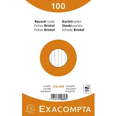 Image of Exacompta Ref 10853X Bristol Lined Record Cards (Pack of 100) 125 x 200mm in Size, 205gsm Card, Compatible with Printers Suitable for Exam Revision &amp; Notes Assorted Colours