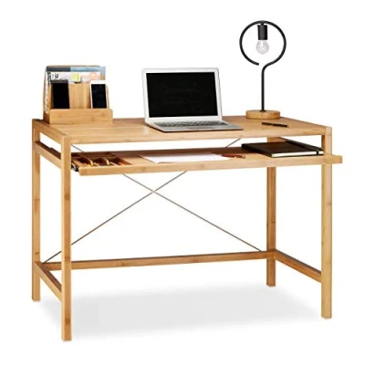 Image of Relaxdays Wooden Computer Table, Keyboard Drawer, Solid Office Desk, HxWxD: 76.5 x 106.5 55.5 cm, Natural Brown