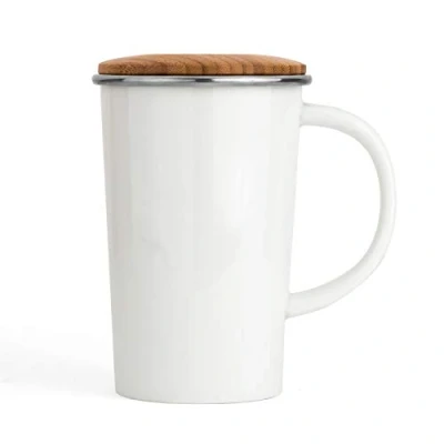 Image of Bredemeijer Tea Mug Bamboo 400ml, with Filter and lid, Porcelain, White, 9.5 x 13.1 13.5 cm