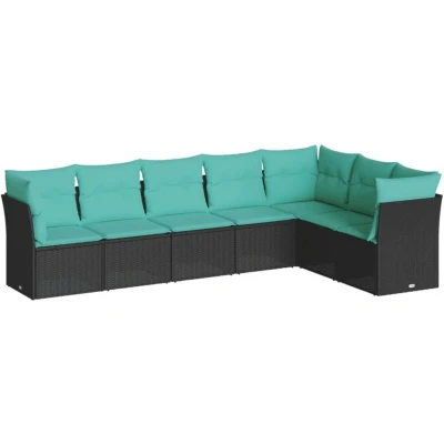 Image of vidaXL 7 Piece Garden Sofa Set with Cushions Black Poly Rattan