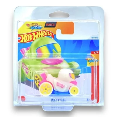 Image of Hot Wheels Duck N&#039; Roll (Glow IN the Dark &amp; Pink Let&#039;s Race) 5/5 Race 2024 167/250 (Short Card) COMES A GENUINE KLAS CAR KEEPER PROTECTOR CASE HTC11