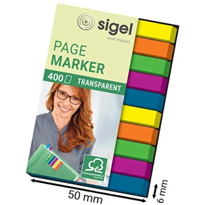 Image of SIGEL HN617 Transparent Index Page Markers; film, micro, 400 strips, Green/Blue/Pink/Yellow/Orange