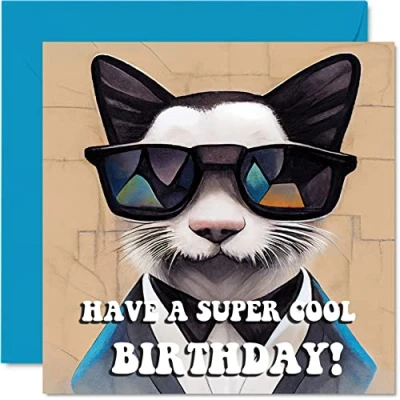 Image of Fun Birthday Cards for Men Women Cool Cat Happy Card Friend Brother Sister Son Daughter Work Colleague Mum Dad Nan Grandad, 145mm x Bday Greeting