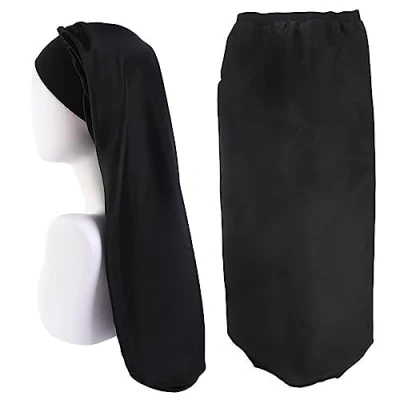 Image of 1 Piece Silk Hair Wrap,Silk Bonnet for Sleeping Long Hair,Long Bonnet,Long Satin Bonnet,Satin Wrap Sleeping,for Curly (Black)