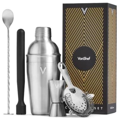 Image of VonShef Cocktail Shaker Set, Silver 5pc Set with 550ml Manhattan Shaker, Professional Bartender for Home Bar, Including Strainer, Muddler &amp; Other Bar Accessories, Gift Box Included