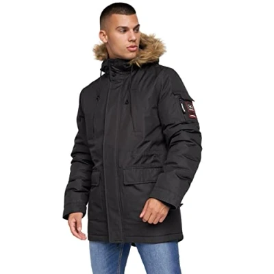 Image of Crosshatch Mens Waterproof Parka Shower Resistant Padded Fur Hood Winter Coat Jacket by JeanBase Black L