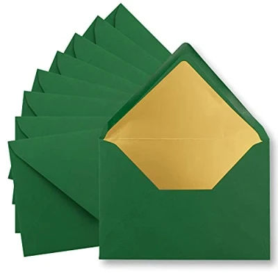 Image of Metallic lined envelopes, C5, 156 mm x 220 mm, gummed with pointed flap 10 Umschläge dunkelgrün Gold