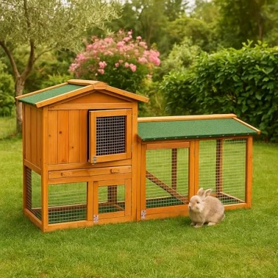Image of Pet Vida Wooden Rabbit Hutch, 2 Tier Double Bunny Guinea Pig Animal House Home Run Cage With Sliding Tray