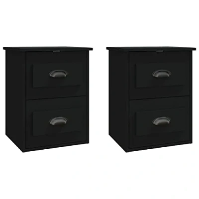 Image of vidaXL Wall Mounted 2 pcs Black Bedside Cabinets Modern Engineered Wood Nightstand with Drawers, Space Saving Floating Design, Great for Bedroom Use