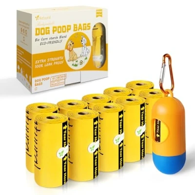 Image of Dog Poop Bags with Leash Dispensers,150 Counts (10 Rolls), Biodegradable Made of Cornstarch, Eco friendly and Easy to Open,Thick Waste (Yellow)