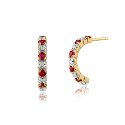 Image of Gemondo Women 375 Gold 9ct Yellow Round Ruby &amp; Diamond Eternity Style Half Hoop Earrings Red