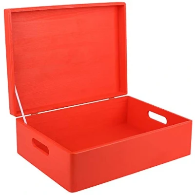 Image of Creative Deco XL Red Wooden Storage Box 40 x 30 14 cm (+/ 1 cm) with Hinged Lid &amp; Handles Gift for Christmas Xmas Wood Keepsake Memory Craft Chest