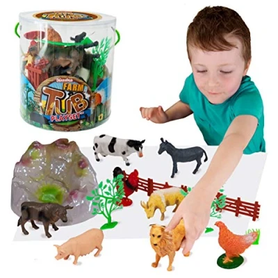 Image of Deluxebase Tub Playset Farm from Animal Toy Set for Kids. Imagination toys including Pig, Donkey, Goat, Cow and Accessories.