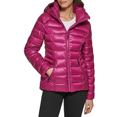 Image of GUESS Women&#039;s Midweight Puffer Jacket Transitional, Quilted Magenta 2, M