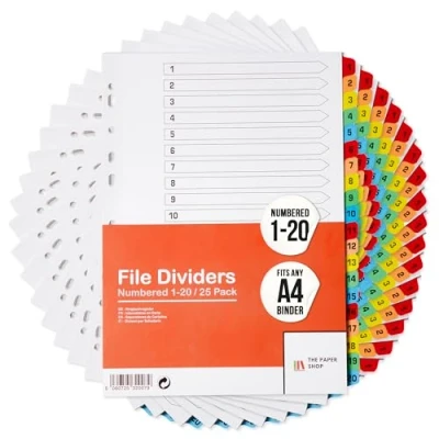 Image of [25 Pack] A4 File Dividers 20 Part Numbered 1 Subject with Multipunched Reinforced Colour Tabs 150gsm