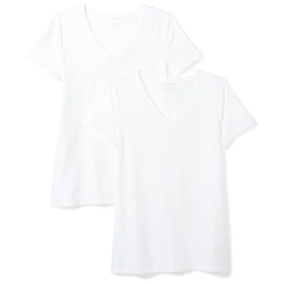 Image of Amazon Essentials Women&#039;s Classic Fit Short Sleeve V Neck T Shirt, Pack of 2, White, S