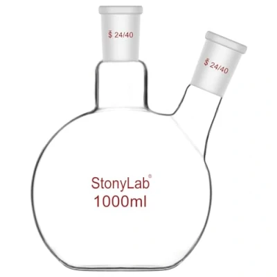 Image of stonylab Flat Bottom Flask FBF, Heavy Wall 2 Neck Lab Borosilicate Glass Boiling with 24/40 Standard Joint, 1000 ml (1 L)